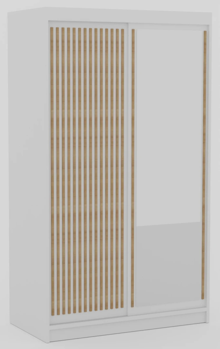 Szafa przesuwna DELIA 120 cm biała z lustrem i lamelami na białym tle