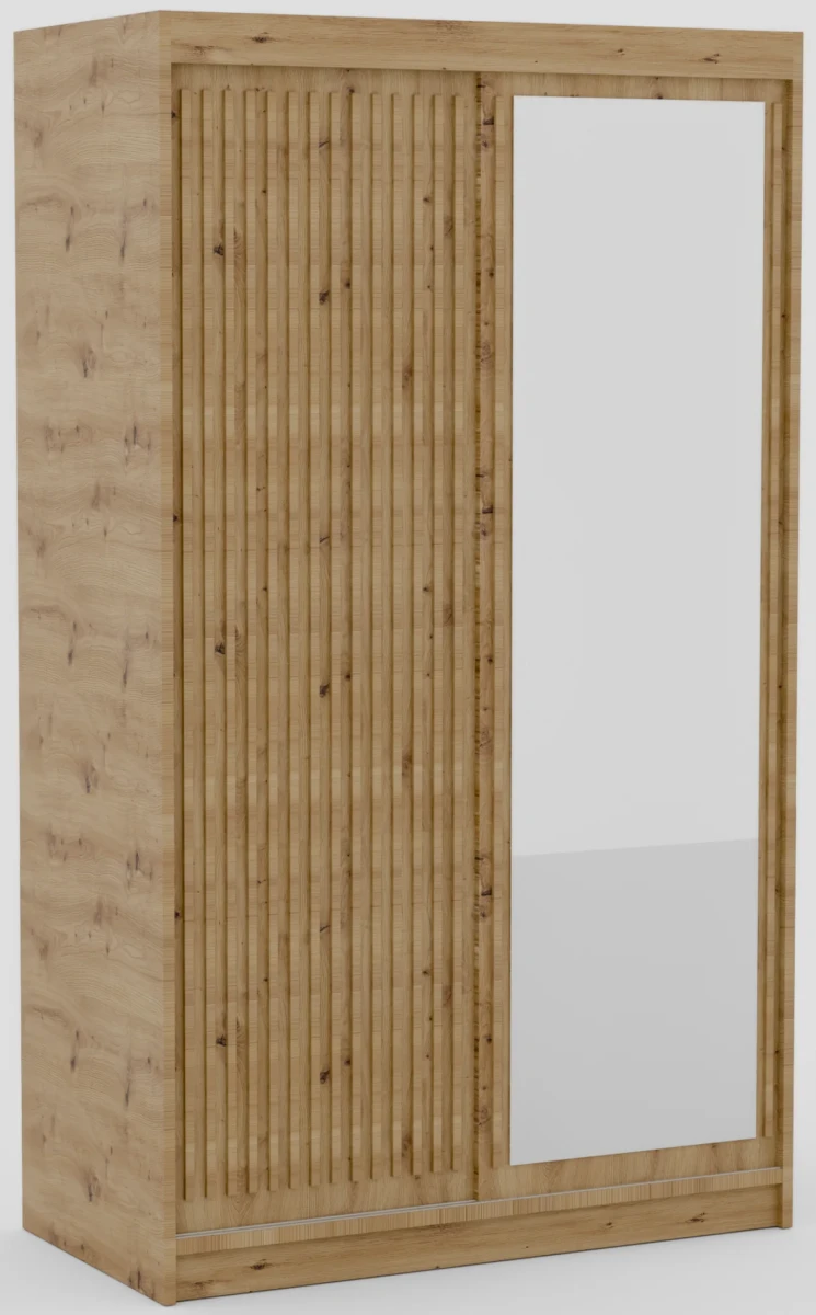 Szafa przesuwna DELIA 120 cm dąb artisan z lustrem i lamelami na białym tle