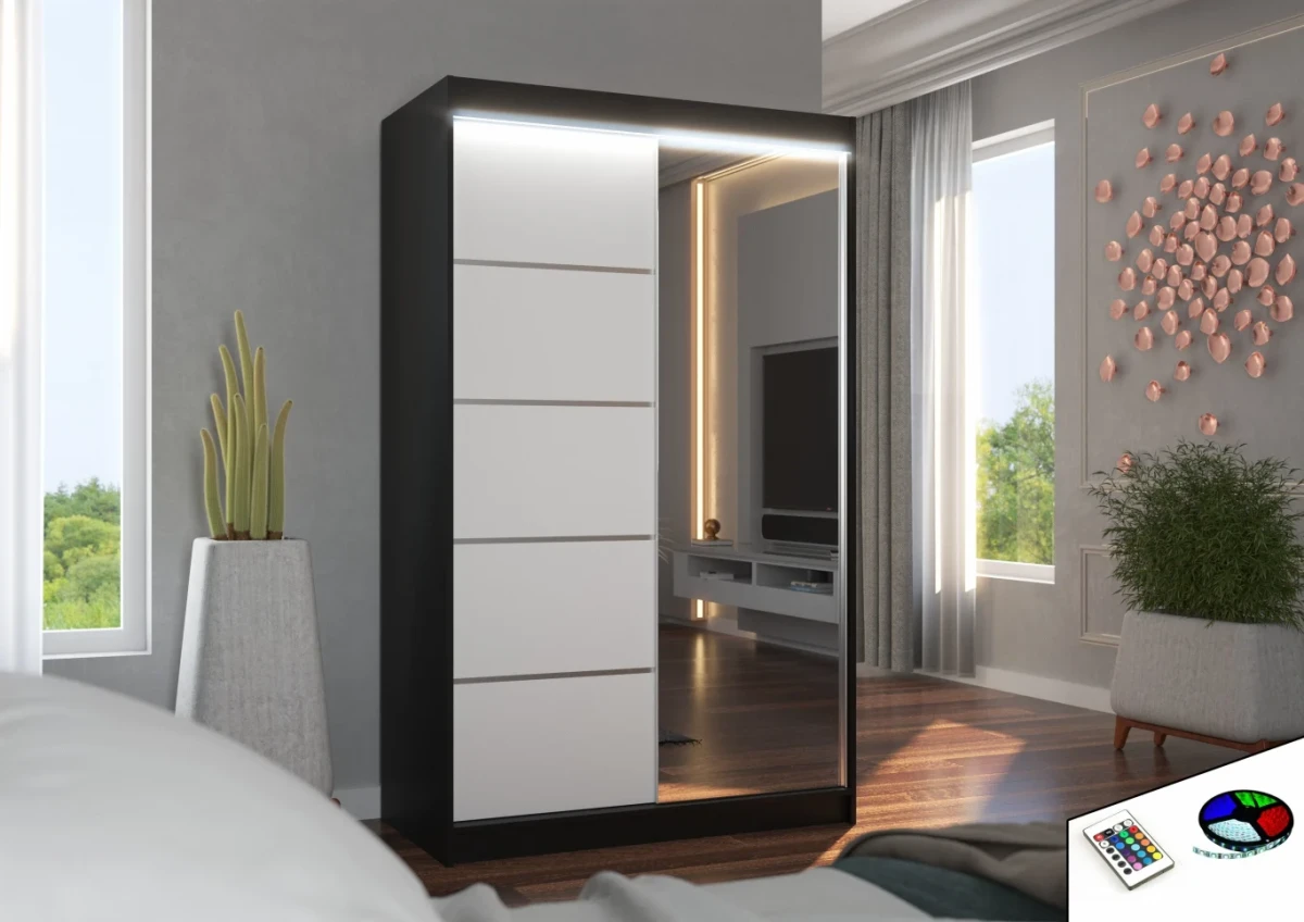 Nowoczesna Szafa przesuwna Nicea 120 cm czarno-biała z lustrem w sypialni wersja z oświetleniem LED