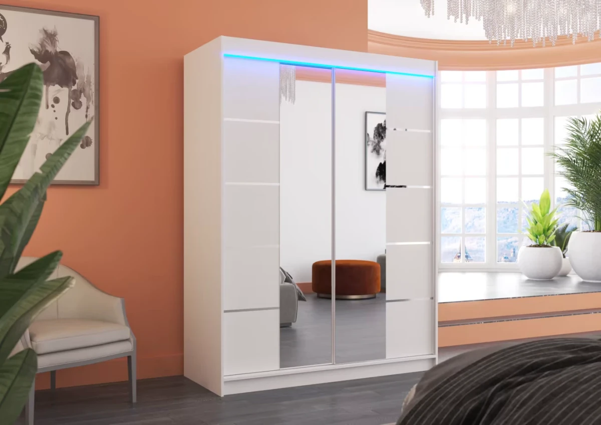 Nowoczesna Szafa przesuwna Nordic 150 cm biała z lustrem w sypialni wersja z oświetleniem LED