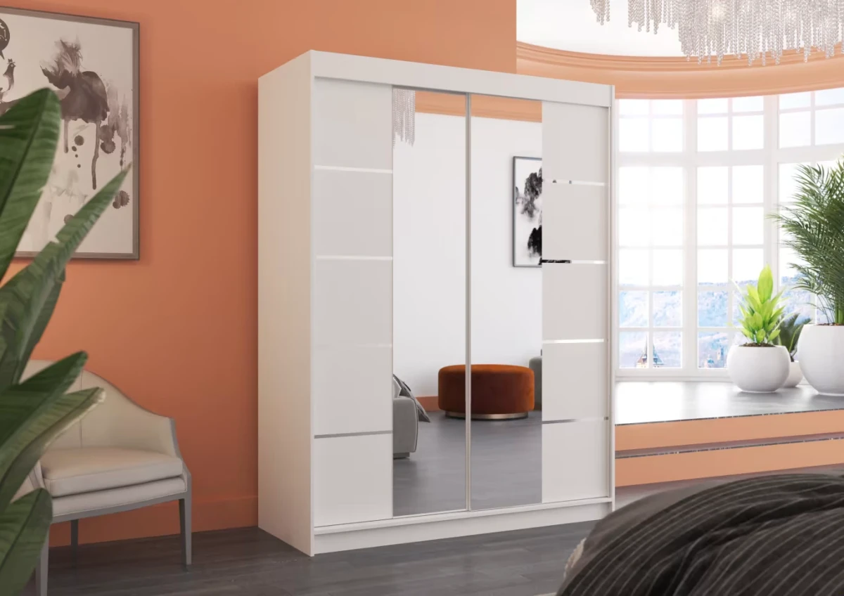 Nowoczesna Szafa przesuwna Nordic 150 cm biała z lustrem w salonie