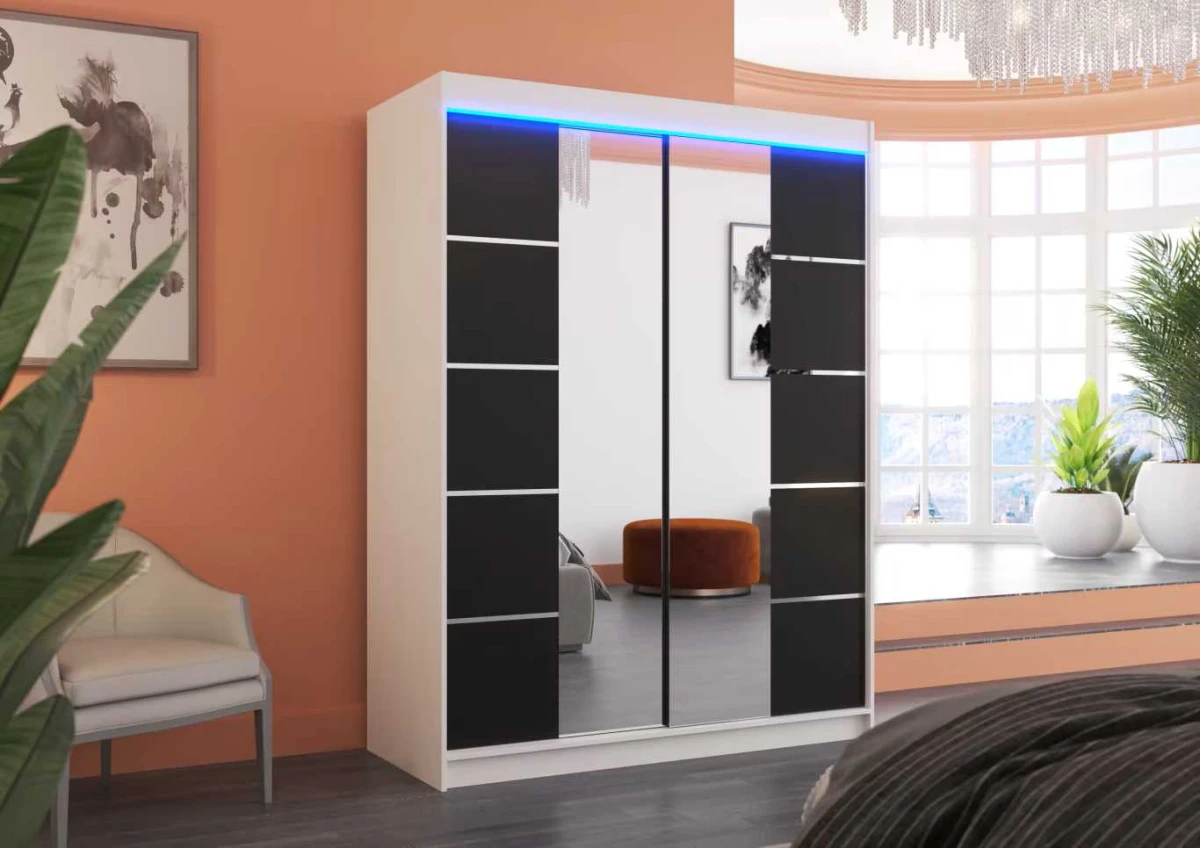 Nowoczesna Szafa przesuwna Nordic 150 cm biało-czarna z lustrem w sypialni wersja z oświetleniem LED