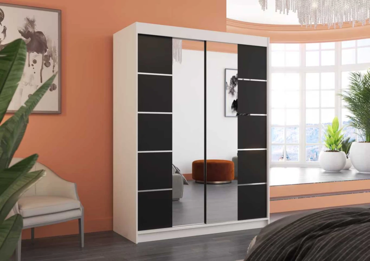 Nowoczesna Szafa przesuwna Nordic 150 cm biało-czarna z lustrem w salonie