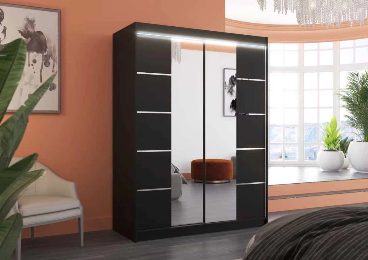 Nowoczesna Szafa przesuwna Nordic 150 cm Czarna z lustrem w sypialni wersja z oświetleniem LED