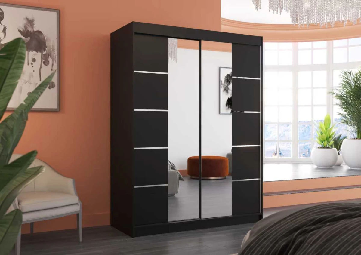 Nowoczesna Szafa przesuwna Nordic 150 cm Czarna z lustrem w salonie