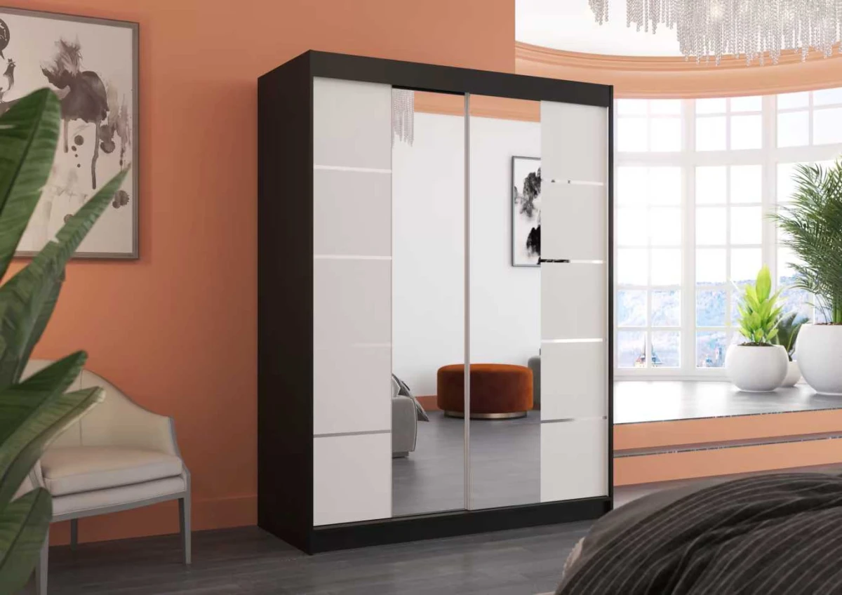 Nowoczesna Szafa przesuwna Nordic 150 cm czarno-biała z lustrem w salonie