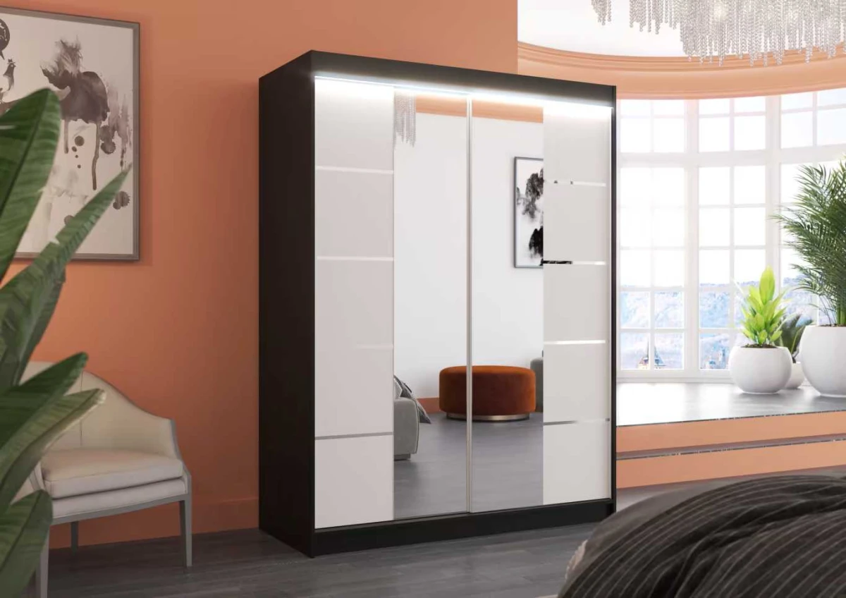 Nowoczesna Szafa przesuwna Nordic 150 cm czarno-biała z lustrem w sypialni wersja z oświetleniem LED