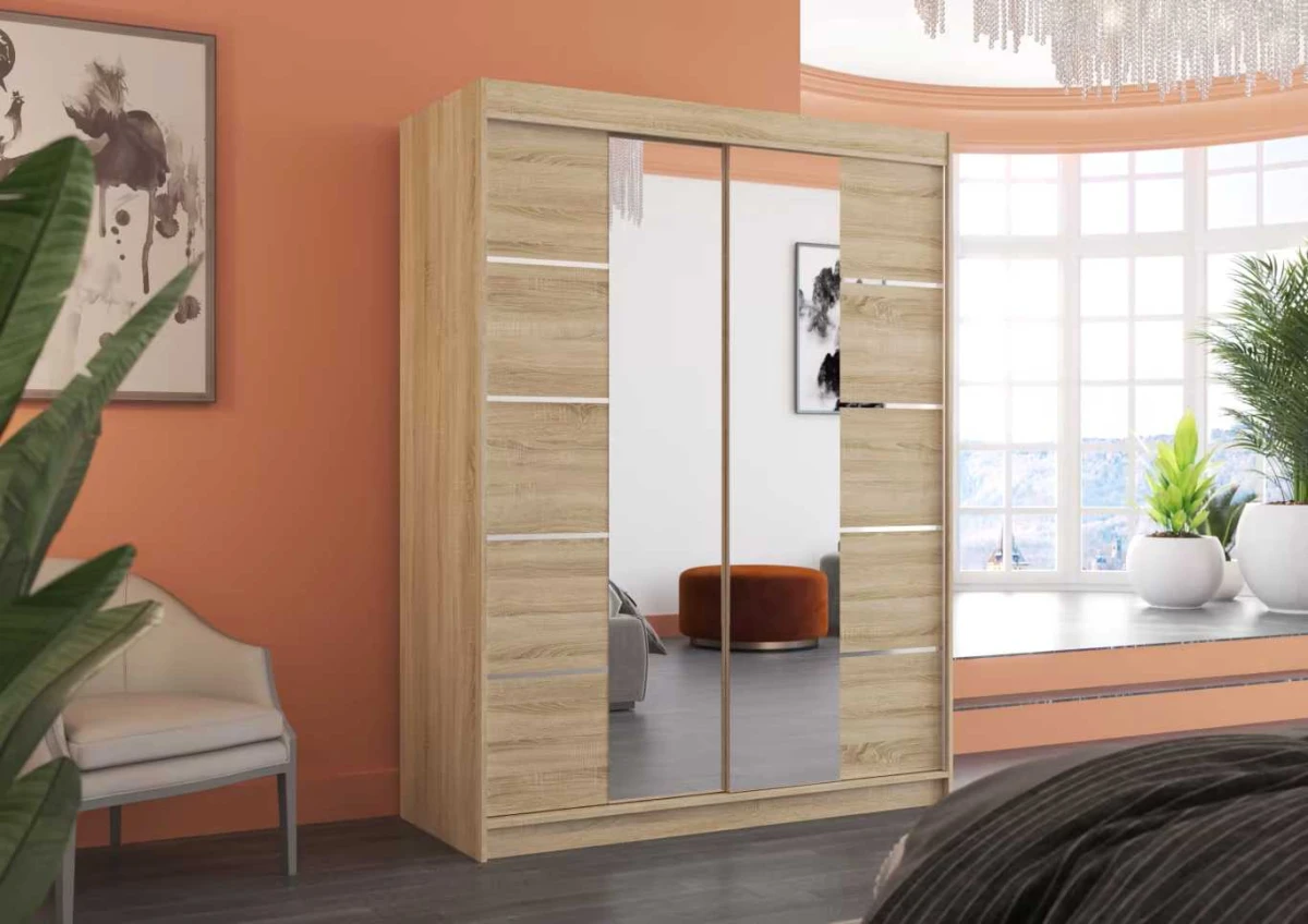 Nowoczesna Szafa przesuwna Nordic 150 cm Dąb Sonoma z lustrem w salonie