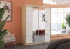 Nowoczesna Szafa przesuwna Nordic 150 cm Dąb Sonoma z elementami Bieli z lustrem w salonie