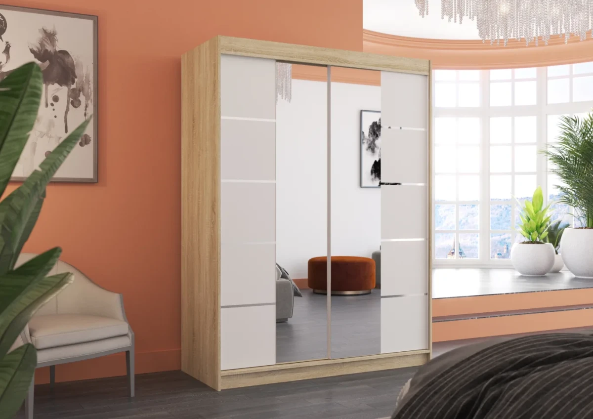 Nowoczesna Szafa przesuwna Nordic 150 cm Dąb Sonoma z elementami Bieli z lustrem w salonie