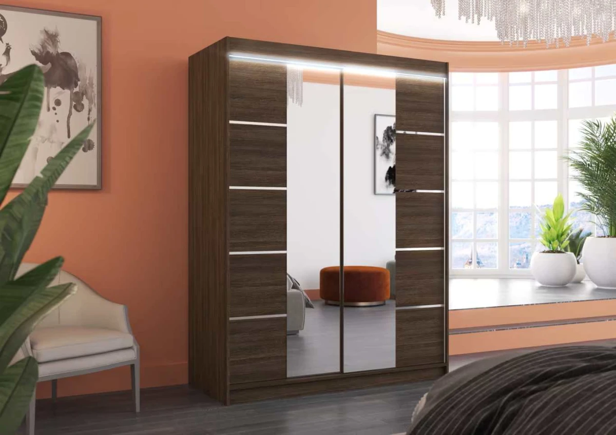 Nowoczesna Szafa przesuwna Nordic 150 cm Orzech Ciemny z lustrem w sypialni wersja z oświetleniem LED