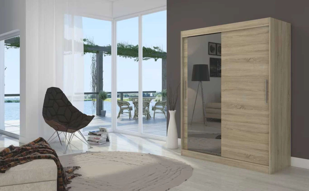 Nowoczesna Szafa przesuwna Bianco 150 cm Dąb Sonoma z lustrem w salonie