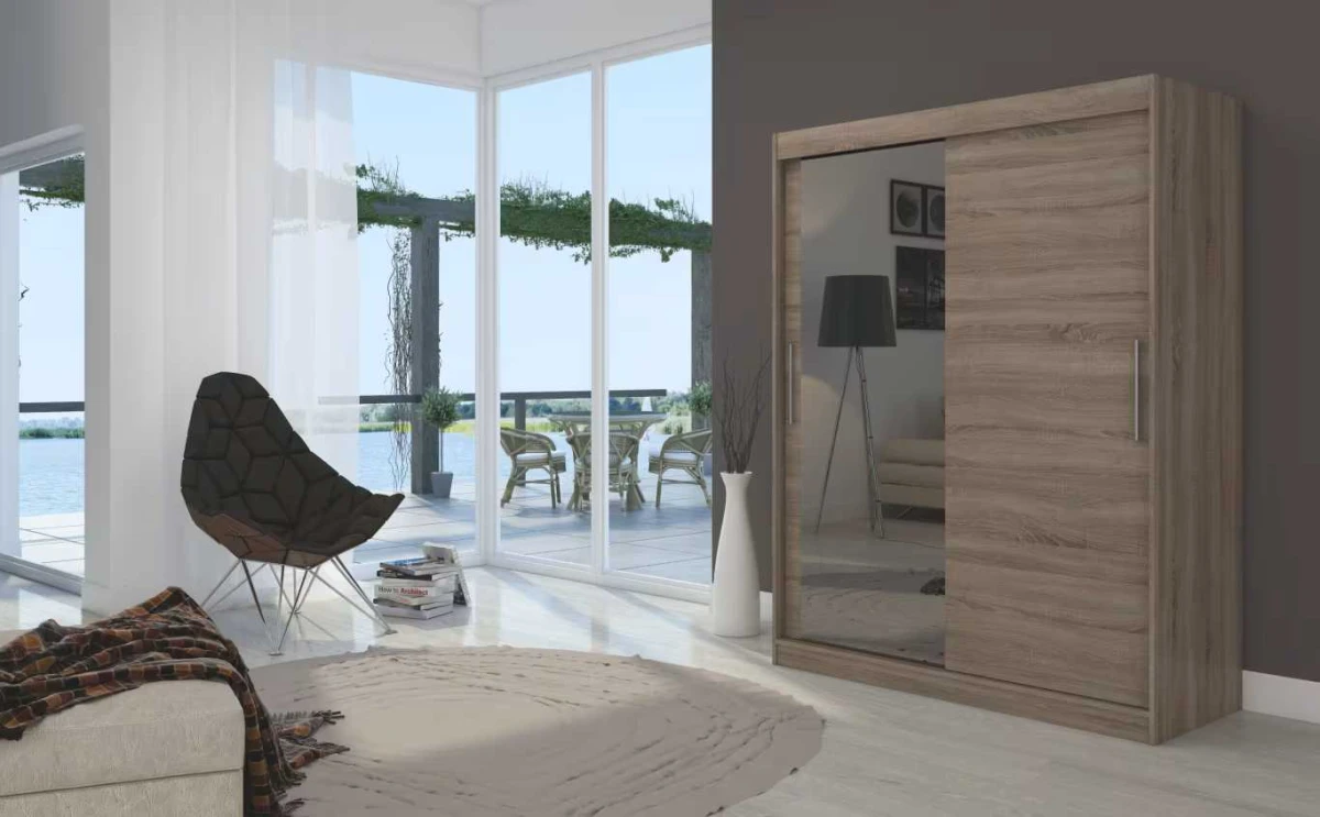 Nowoczesna Szafa przesuwna Bianco 150 cm Dąb Truflowy z lustrem w salonie