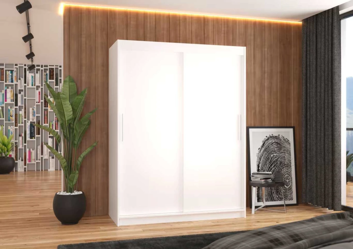 Nowoczesna Biała Szafa przesuwna Denver 150 cm w salonie