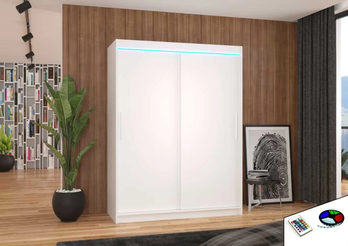 Nowoczesna Biała Szafa przesuwna Denver 150 cm w salonie wersja z oświetleniem LED