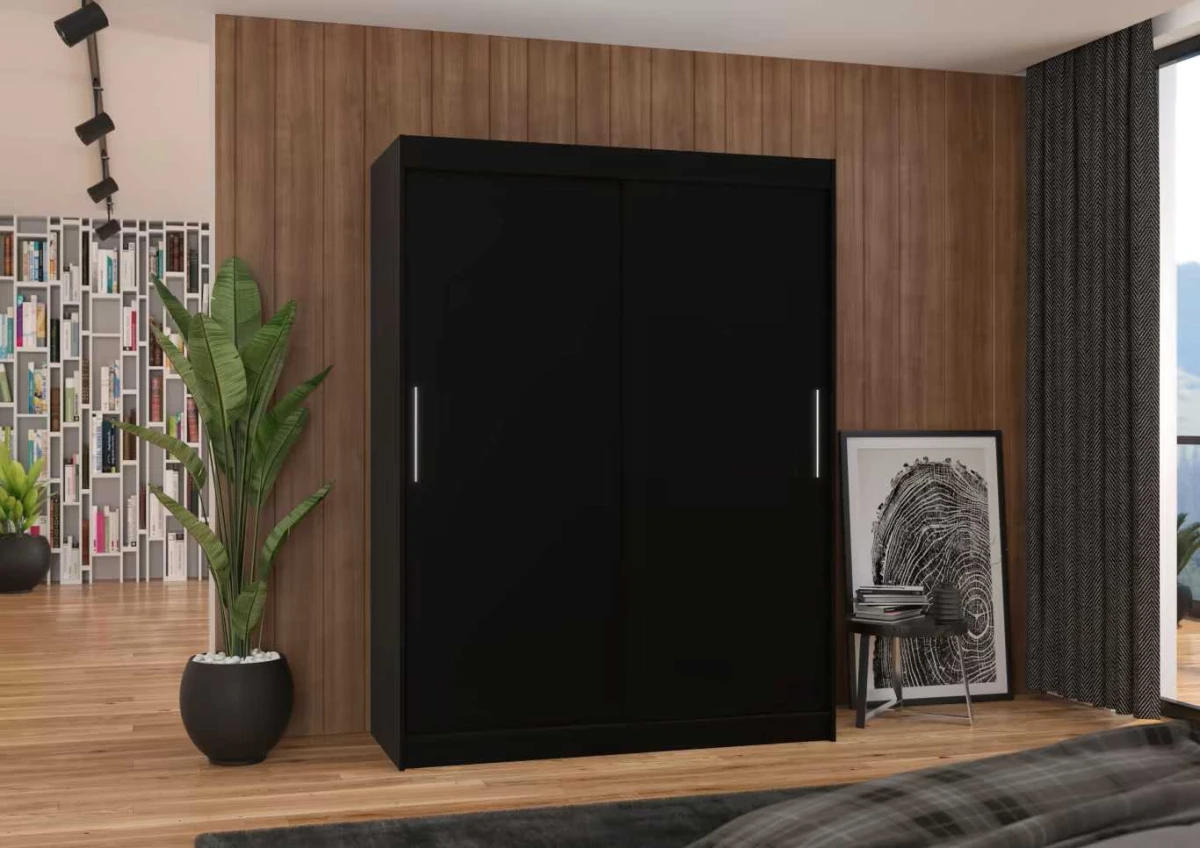 Nowoczesna Czarna Szafa przesuwna Denver 150 cm w salonie