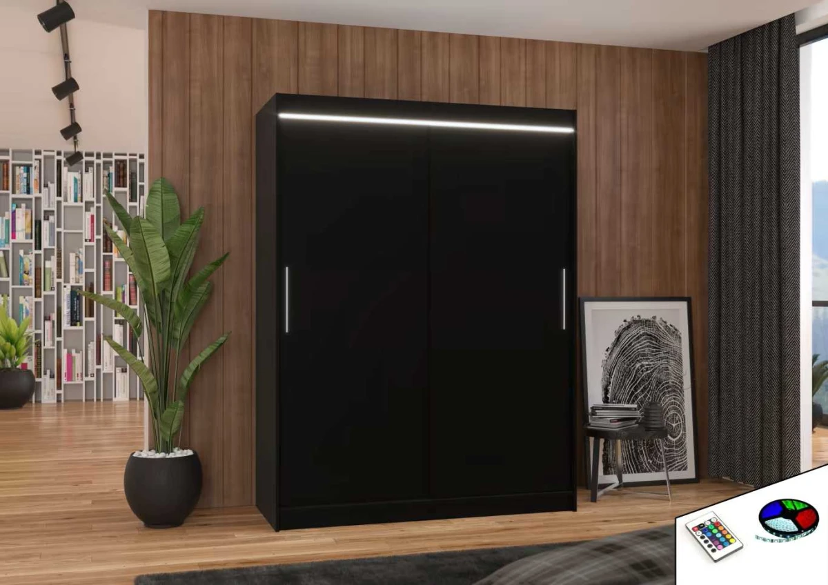 Nowoczesna Czarna Szafa przesuwna Denver 150 cm w salonie wersja z oświetleniem LED