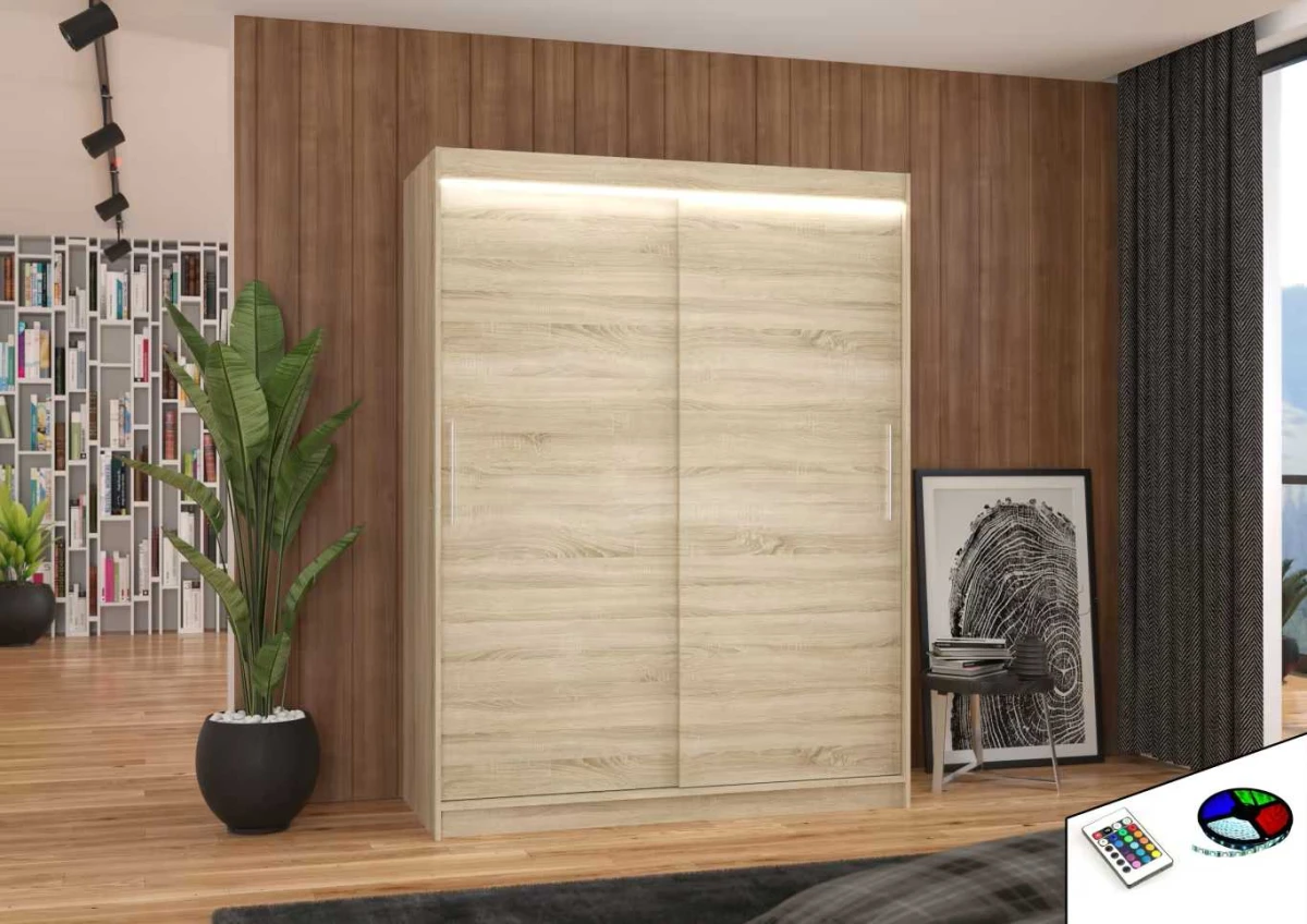 Nowoczesna Szafa Dąb Sonoma przesuwna Denver 150 cm w salonie wersja z oświetleniem LED