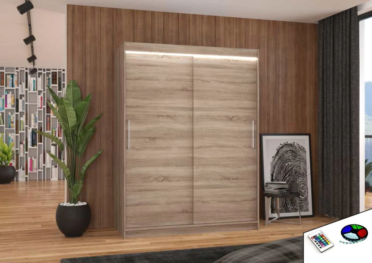 Nowoczesna Szafa Dąb Truflowy przesuwna Denver 150 cm w salonie wersja z oświetleniem LED