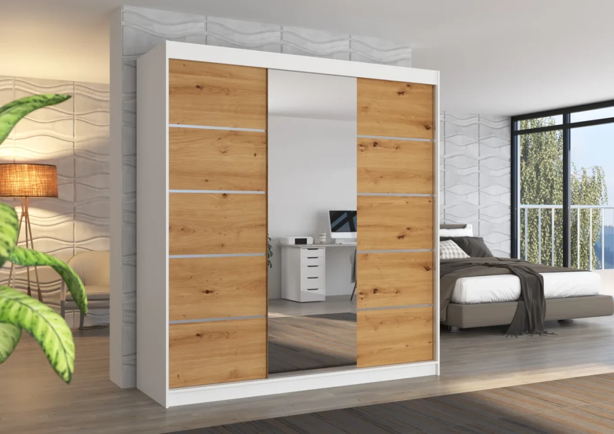 Nowoczesna Szafa Biała/Dąb Artisan przesuwna Bergen 200 cm z lustrem w sypialni