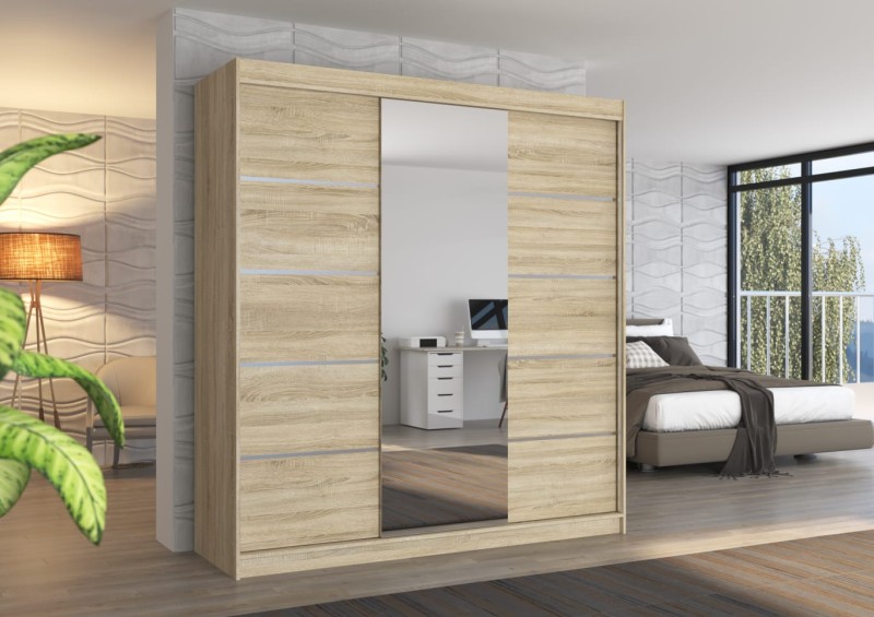 Nowoczesna Szafa Dąb Sonoma przesuwna Bergen 200 cm z lustrem w sypialni