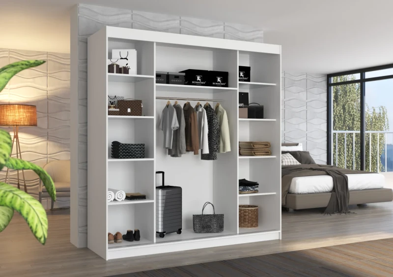 Wnętrze nowoczesnej szafy dąb sonoma/biała przesuwnej Bergen 200 cm z półkami i drążkiem w sypialni