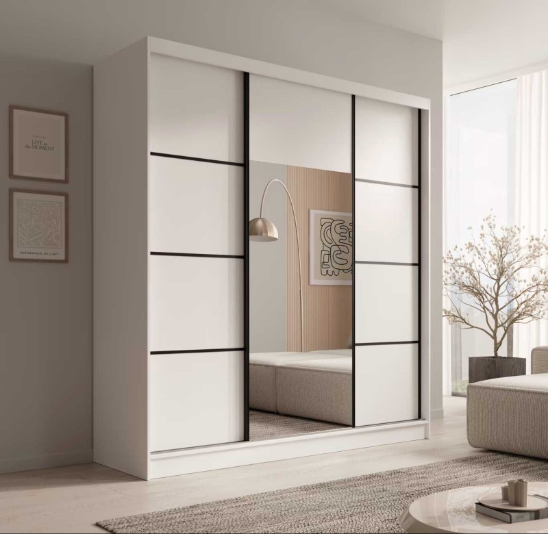 Nowoczesna Biała Szafa z Elementami Czarnego przesuwna Keri 200 cm z lustrem w sypialni