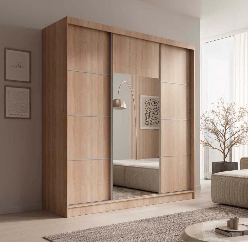 Nowoczesna Szafa Dąb Sonoma ze Srebrnymi Elementami przesuwna Keri 200 cm z lustrem w sypialni