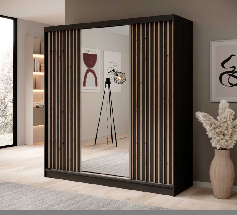 Czarna Szafa przesuwna IDA 200 cm z lustrem i lamelami w nowoczesnym pokoju