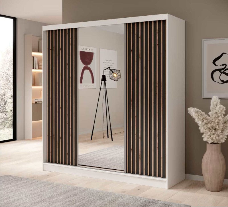 Biało-Czarna Szafa przesuwna IDA 200 cm z lustrem i lamelami w nowoczesnym pokoju