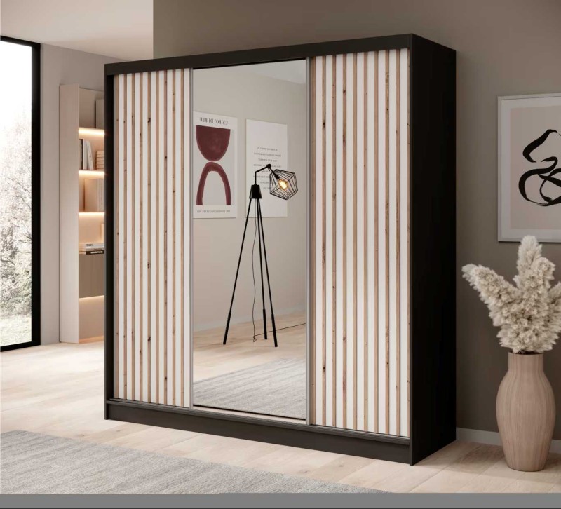 Czarno-Biała Szafa przesuwna IDA 200 cm z lustrem i lamelami w nowoczesnym pokoju