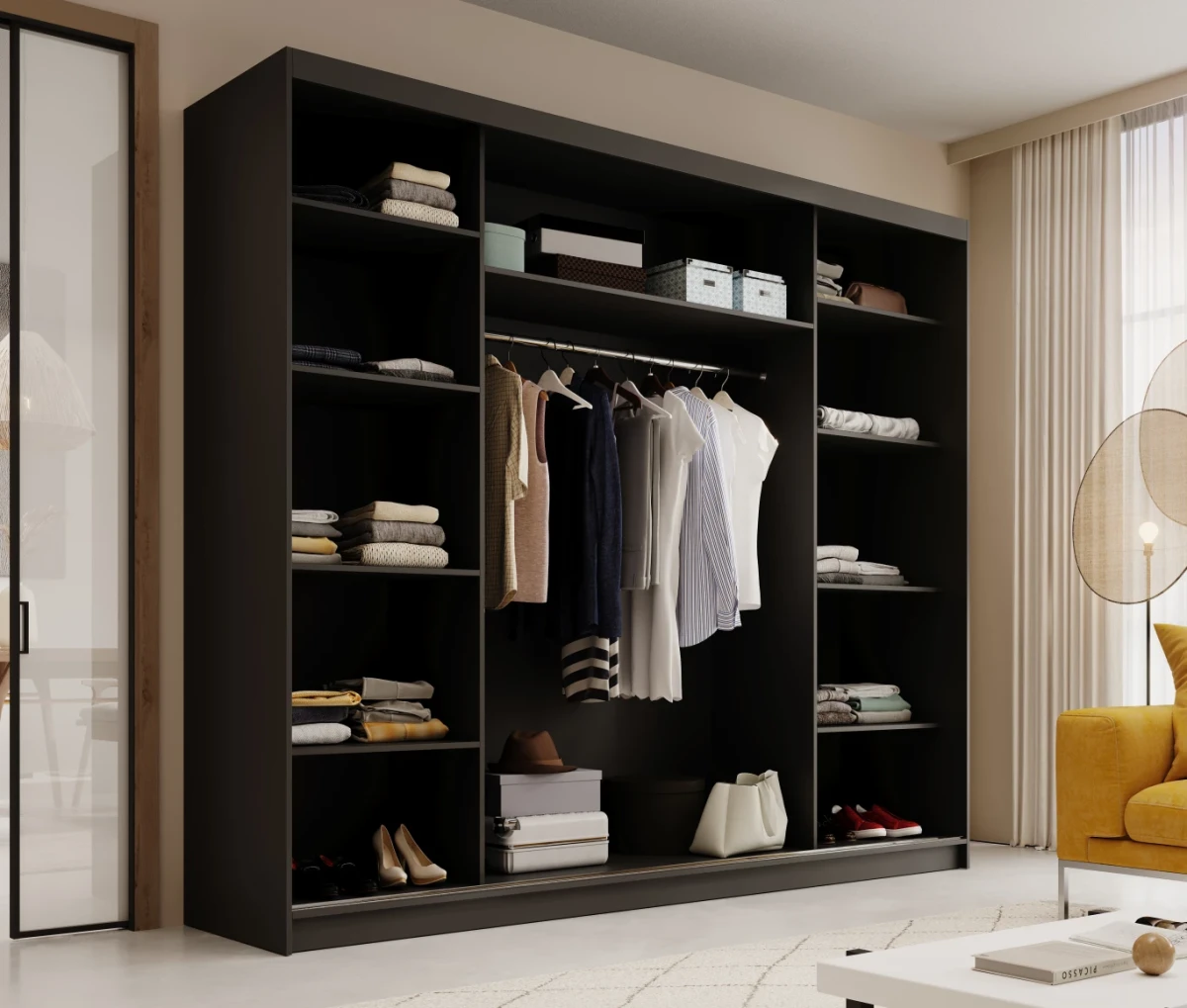 Wnętrze nowoczesnej czarno-białej szafy przesuwnej Andy 250 cm z półkami i drążkiem w przedpokoju