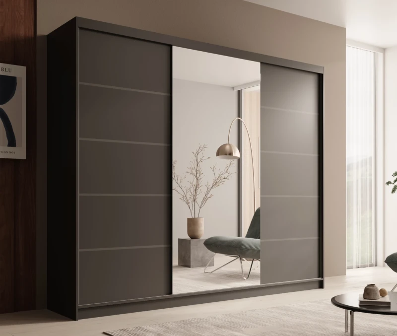 Czarna Szafa przesuwna ETNA 250 cm z lustrem w nowoczesnym pokoju