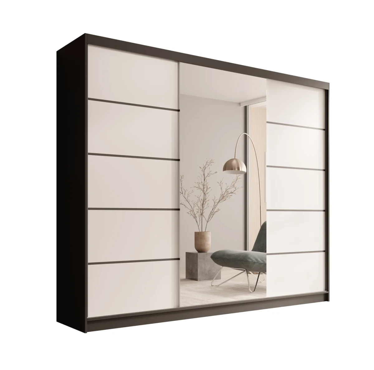 Nowoczesna Czarno-Biała Szafa przesuwna ETNA 250 cm z lustrem na białym tle