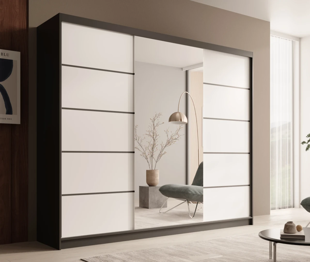 Czarno-Biała Szafa przesuwna ETNA 250 cm z lustrem w nowoczesnym pokoju
