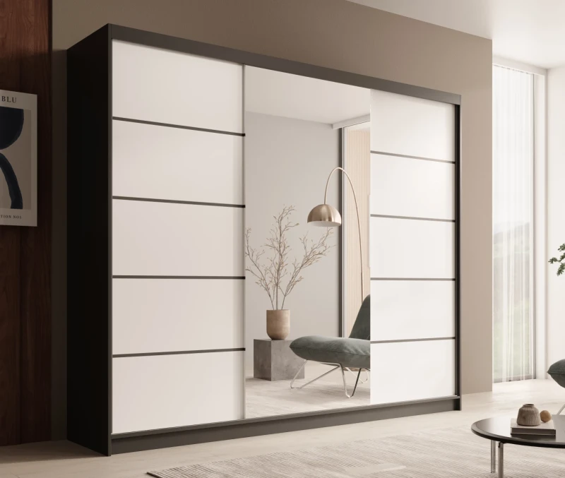Czarno-Biała Szafa przesuwna ETNA 250 cm z lustrem w nowoczesnym pokoju
