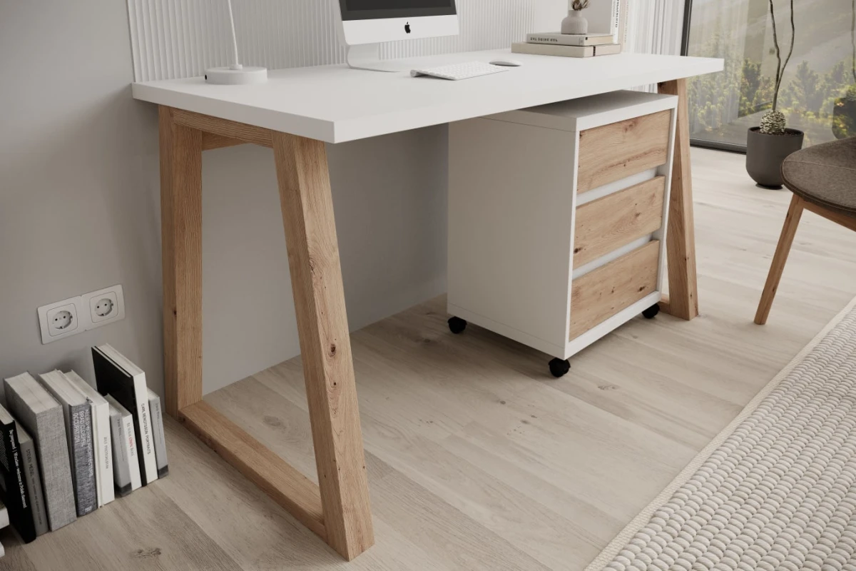 Nowoczesne Białe Biurko IWO I z dodatkiem Dębu Artisan w pokoju widok z bliska