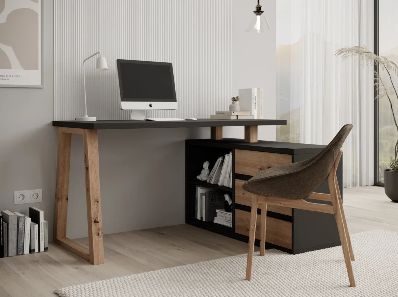 Nowoczesne Narożne Grafitowe Biurko IWO II z dodatkiem Dębu Artisan w pokoju