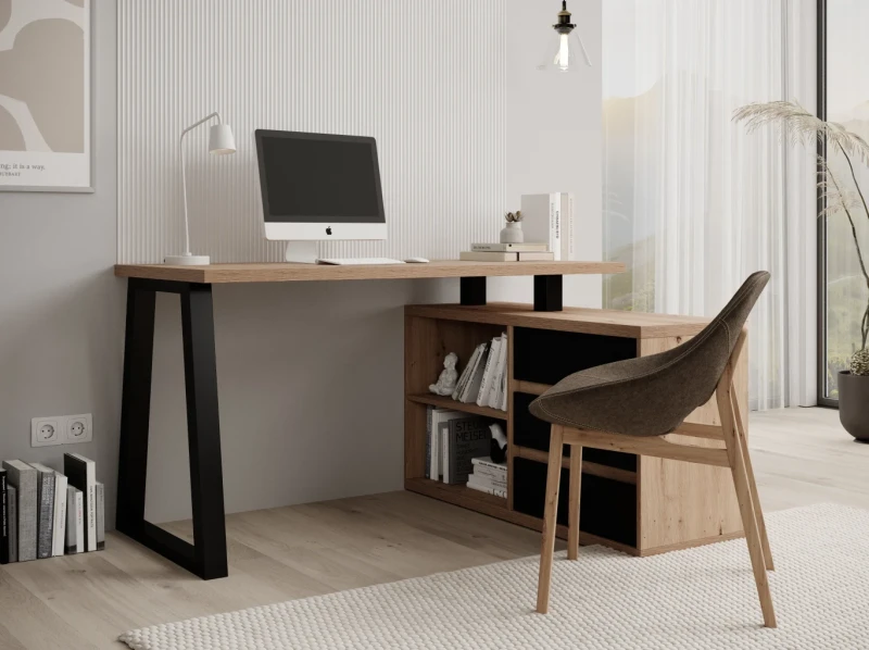 Nowoczesne Narożne Czarne Biurko IWO II z dodatkiem Dębu Artisan w pokoju