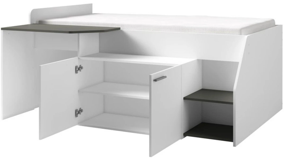Zdjęcie Prezentujące Otwarte Szafki w Łóżku z Biurkiem i Schowkiem MULTI 90 x 200 cm