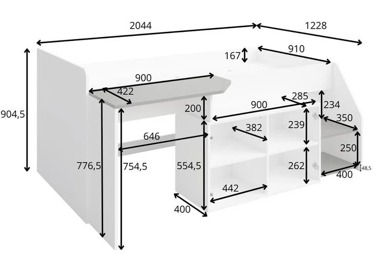 Zdjęcie Wymiarów Łóżko z Biurkiem i Schowkiem MULTI 90 x 200 cm