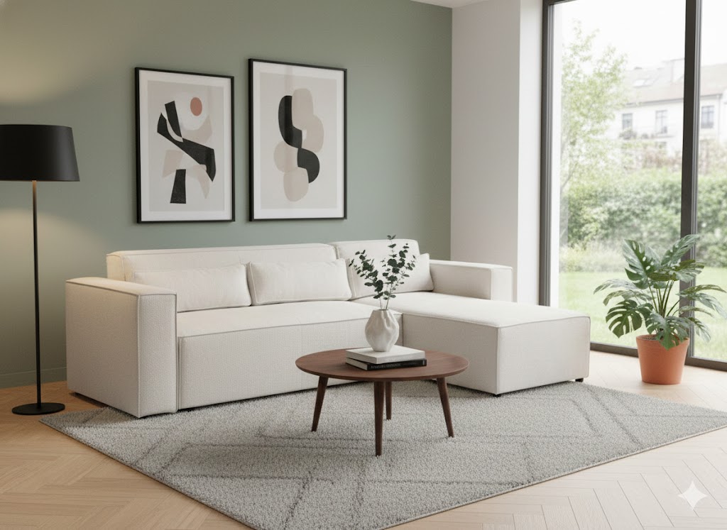 Narożnik z Funkcją Spania CASTEL Kremowy z Pojemnikiem do Salonu