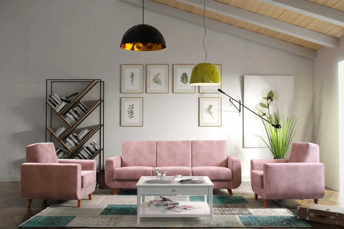 Aramis - aranżacja Wysokie drewniane nóżki różowa pudrowy brudny róż kanapa Sofa fotel Wersalka zestaw mebli do salonu