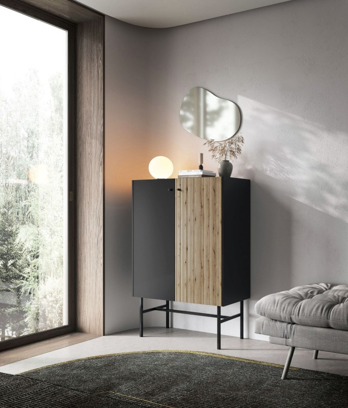 Komoda BELO 2D Czarna z Lamelami na Wysokich Metalowych Nóżkach do Sypialni