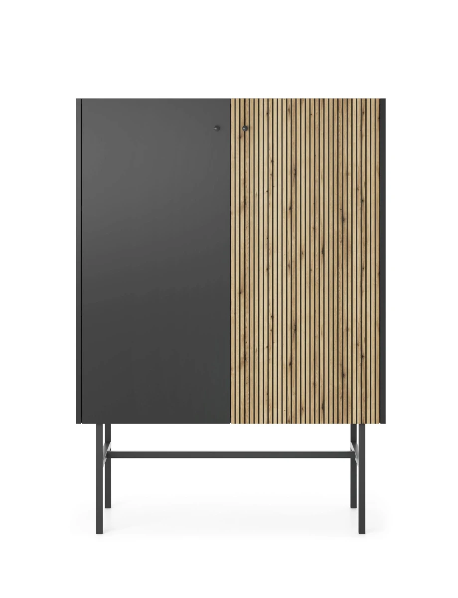 Komoda BELO 2D Czarna z Lamelami na Wysokich Metalowych Nóżkach