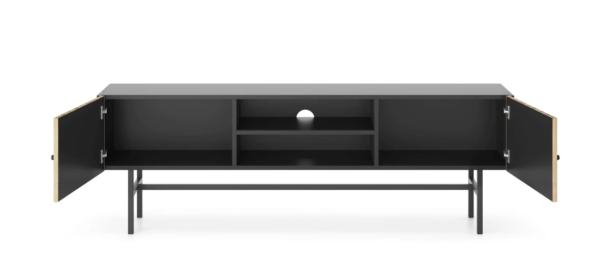 Zdjęcie Prezentujące Wnętrze Szafki RTV Czarnej z Lamelami 155 cm do Salonu