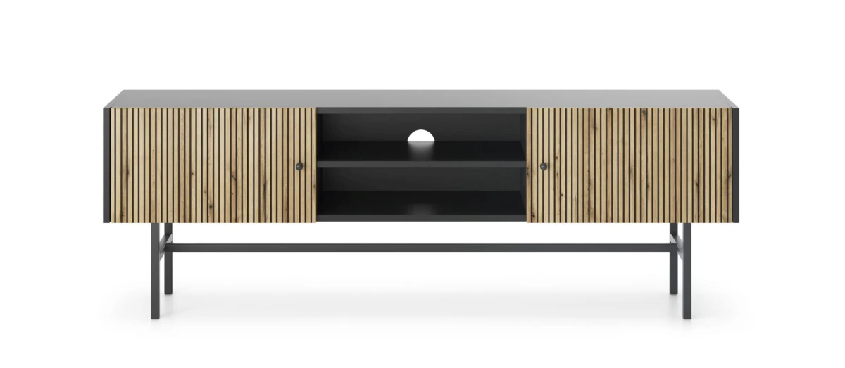 Czarna Szafka RTV BELO z Lamelami 155 cm pod Telewizor na Wysokich Nóżkach do Salonu