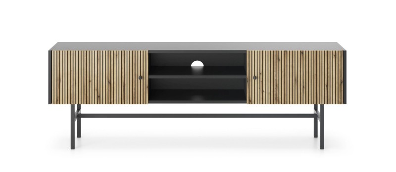 Czarna Szafka RTV BELO z Lamelami 155 cm pod Telewizor na Wysokich Nóżkach do Salonu