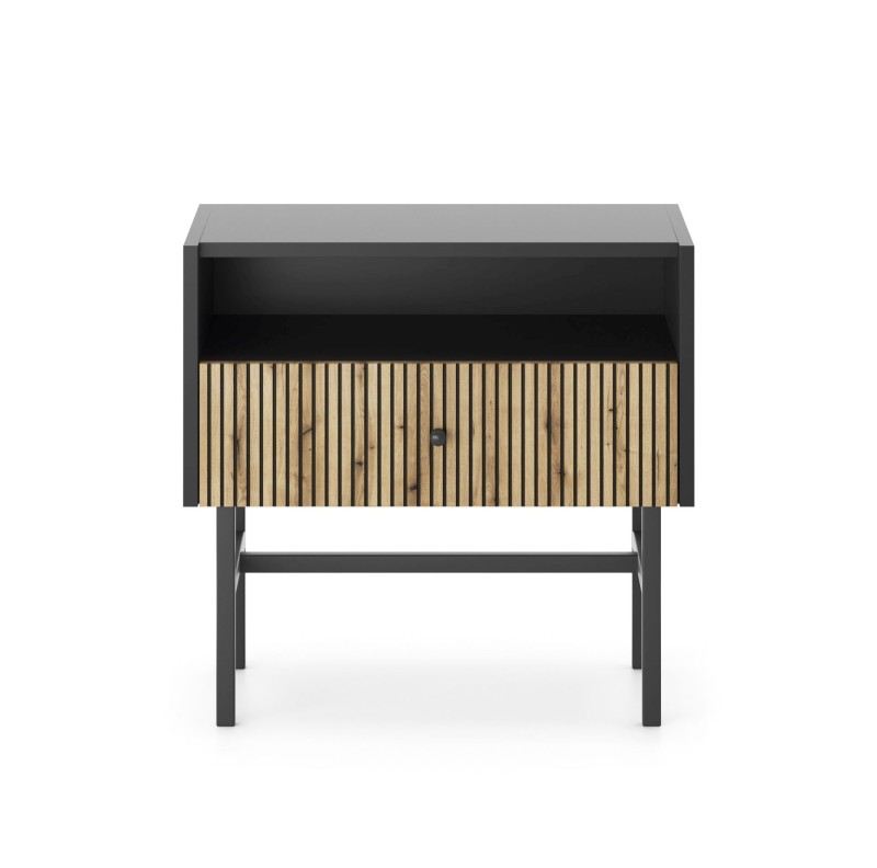 Stolik Nocny BELO 55 cm Czarny z Lamelami na Wysokich Nóżkach do Sypialni