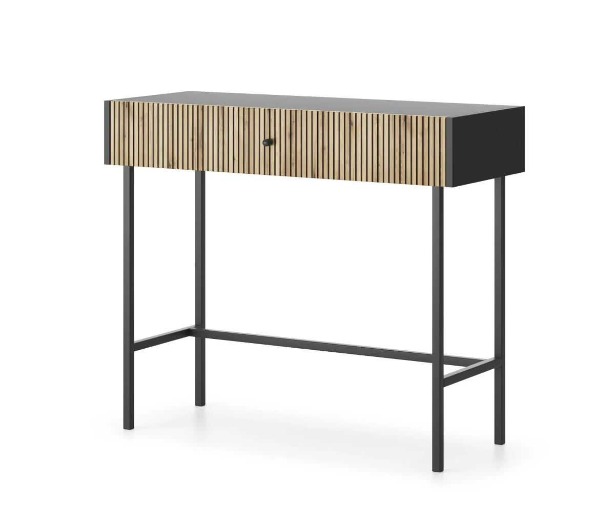 Zdjęcie Prezentujące Czarną Konsolę z Szufladą BELO z Lamelami na Wysokich Nóżkach